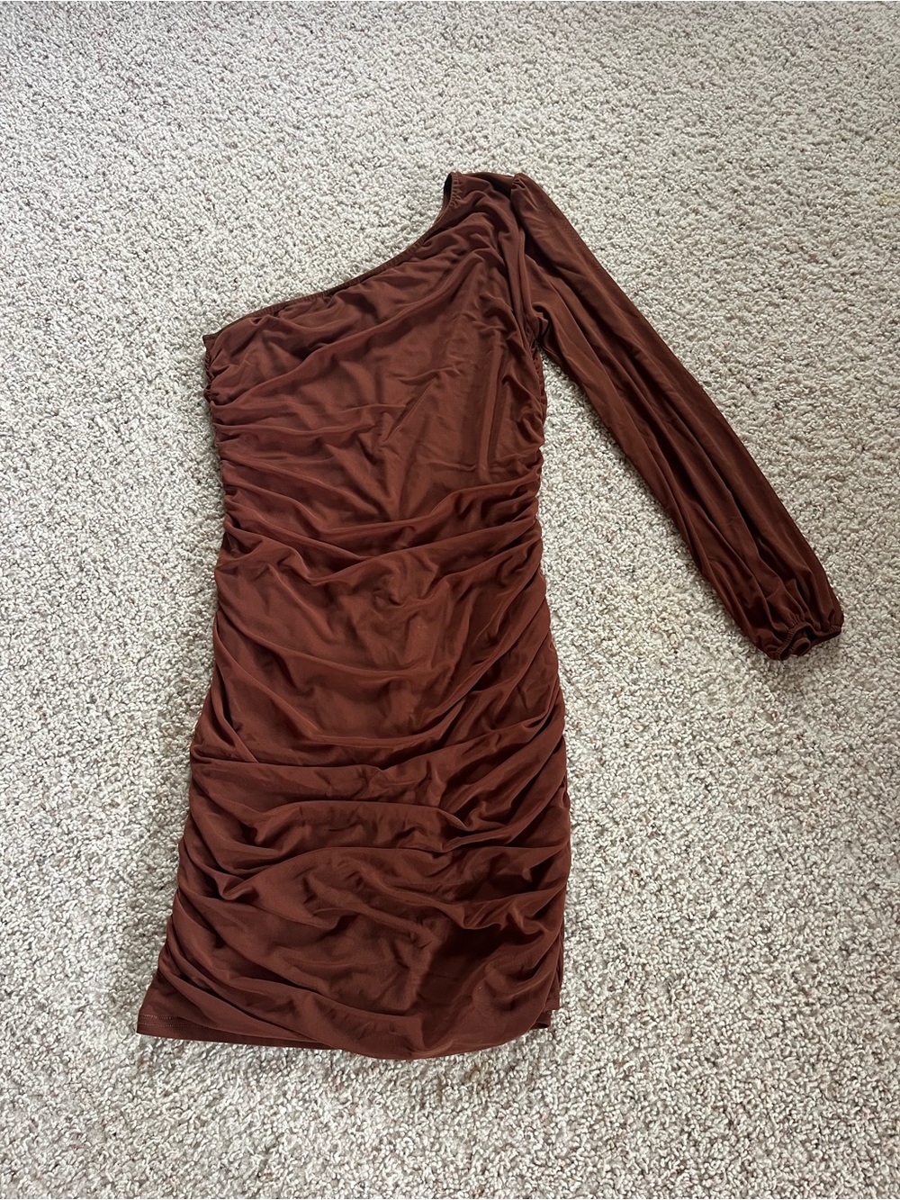Asymmetric One-Shoulder Ruched Mini Dress in Chocolate Brown